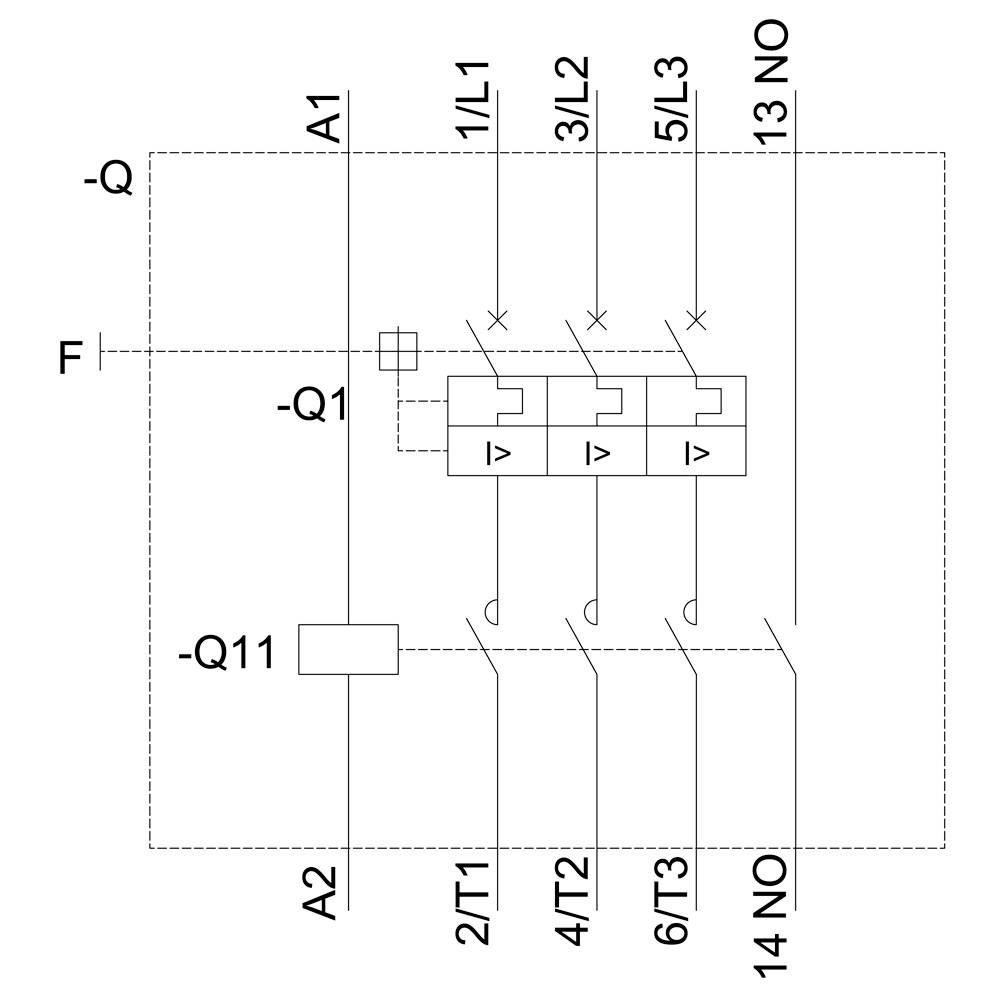 Circuit diagram of a three-pole power circuit breaker. Shows switching positions with labels A1, A2, T1, T2, T3, L1, L2, L3, NO.