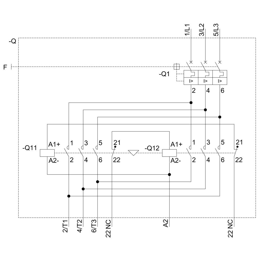 Schematic circuit diagram with relays Q1, Q12, and contactors L1, L2, L3. Connecting lines indicate electrical circuits.