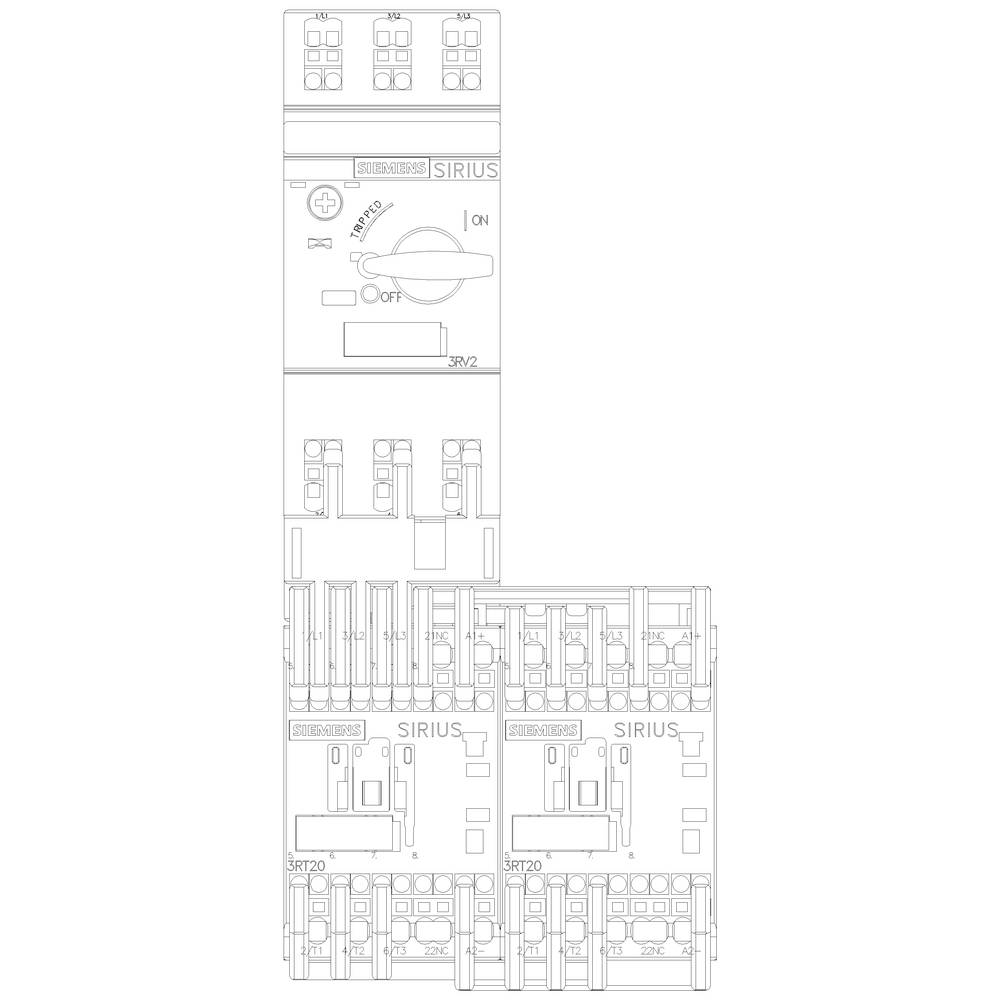 Several SIRIUS switches and components in a vertical arrangement, with a central switch marked 'On/Off'.