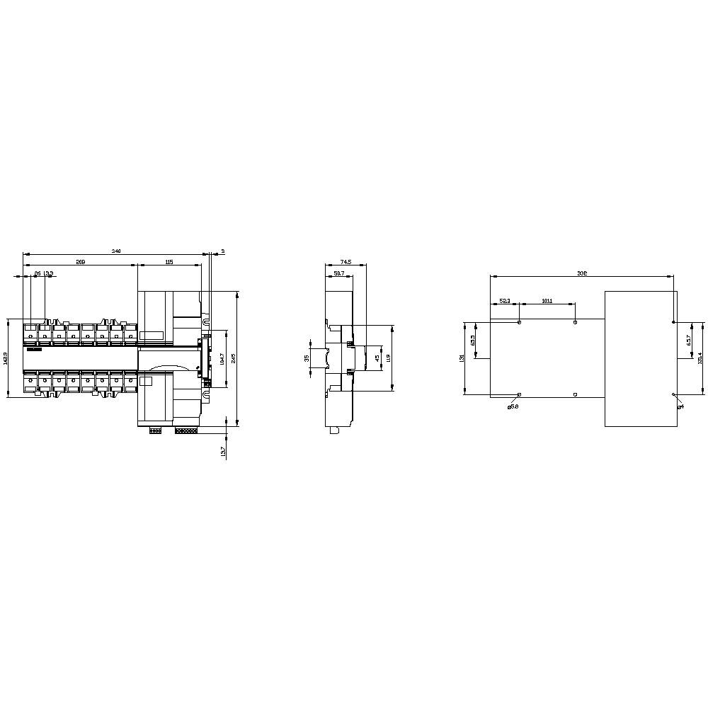 Technical drawing of an engine with front, side, and top views. Detailed measurements in millimetres.