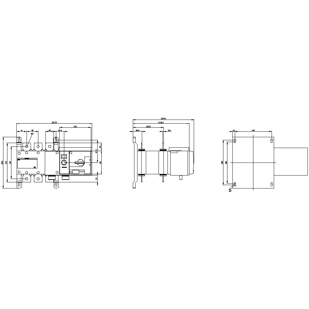 Technical drawing of an engine with front, side, and top views. Dimensions, connections, and mechanical details are shown.