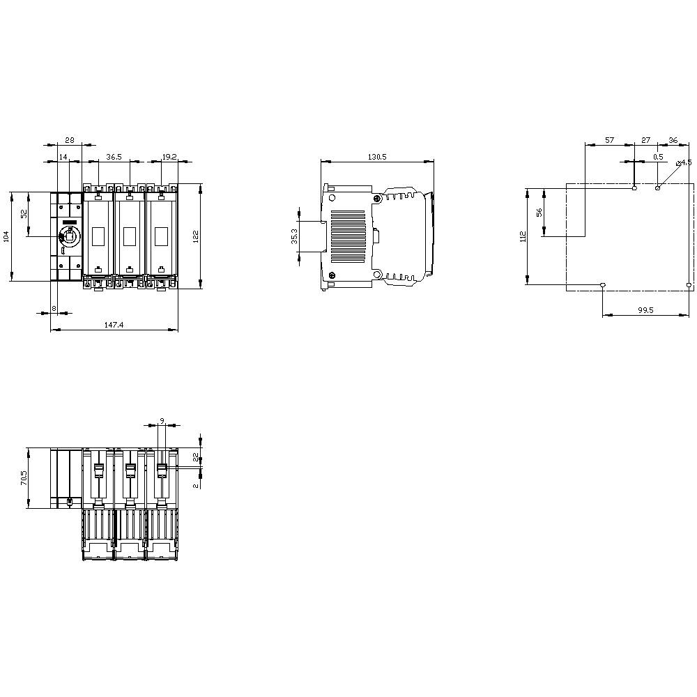Technical drawing of a four-pole electrical switch with dimensions in millimetres, showing front, side, and top views.