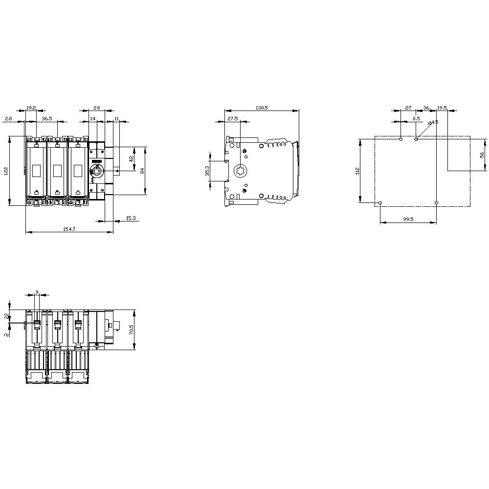 Technical drawing of an electrical switch with dimensions in millimetres, shown from various perspectives.