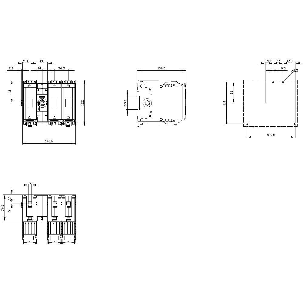Technical drawing of an electrical device with precise measurements in millimetres, showing front, side, and top views.