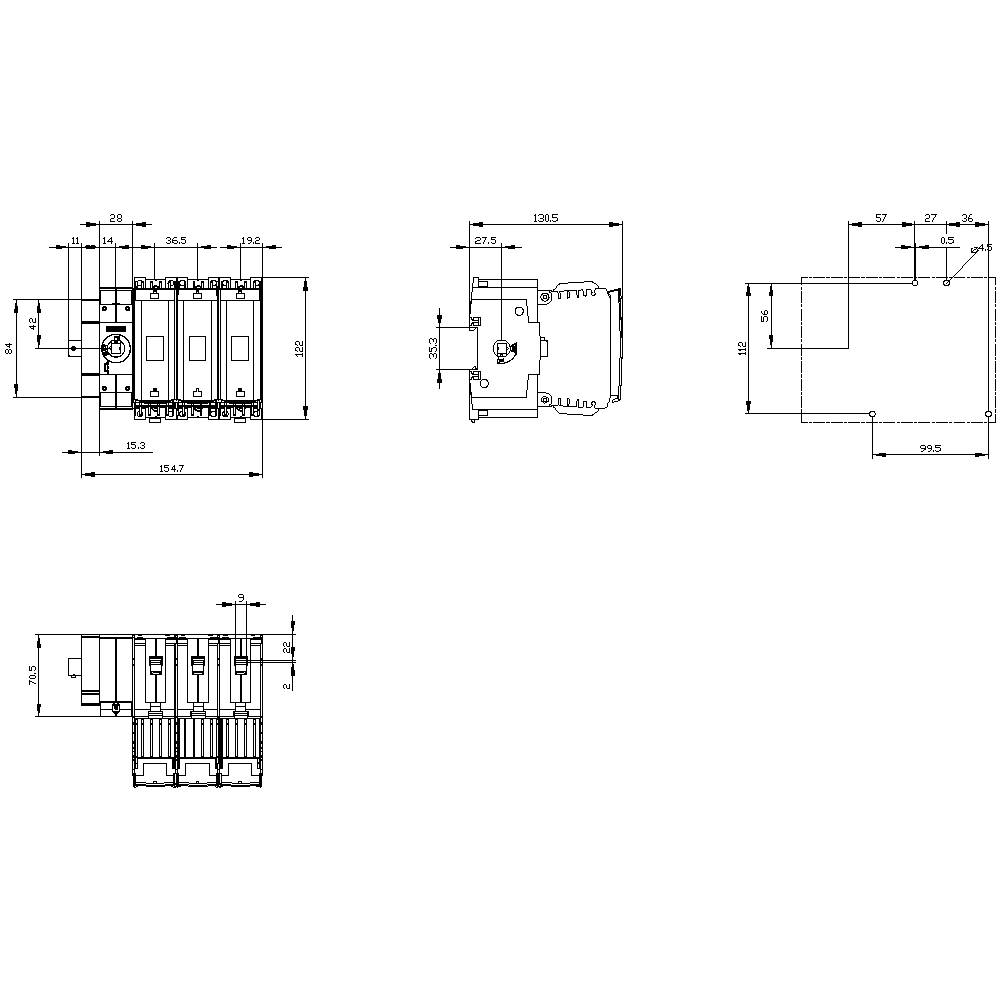 Technical drawing of an electrical switch with dimensions in millimetres. The views show the front, side and cross-section.