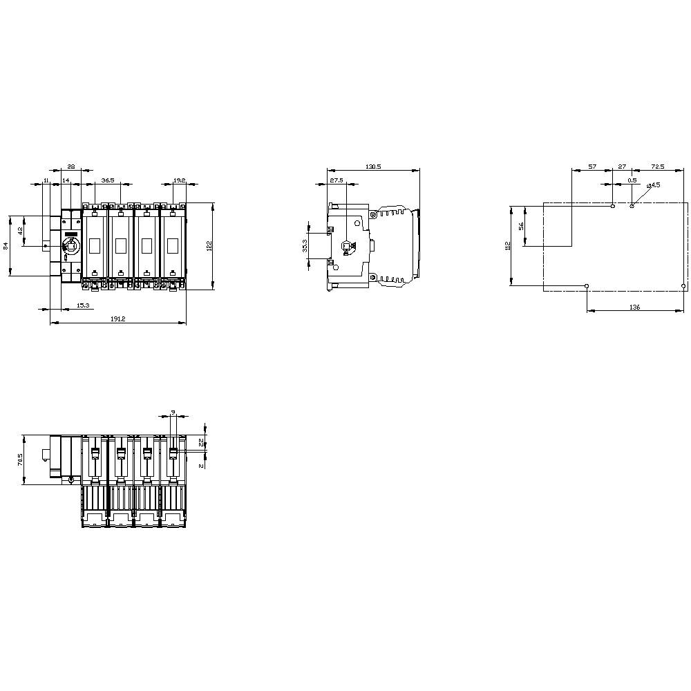 Technical drawing of an electrical switch with front, side, and top views. Dimensions and distances are precisely indicated.