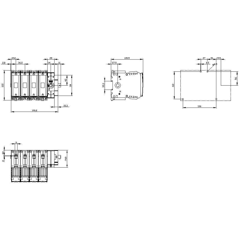 Technical drawing of a multi-pole electrical switch with dimensions and detailed views from front, side, and top perspectives.
