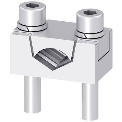 A silver metal connector with two screws and a ribbed inner surface, suitable for joining metal rods or bars.