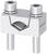 A silver metal connector with two screws and a ribbed inner surface, suitable for joining metal rods or bars.