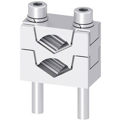 Metallic pipe clamp system with two screws on top, used for connecting or stabilising components.