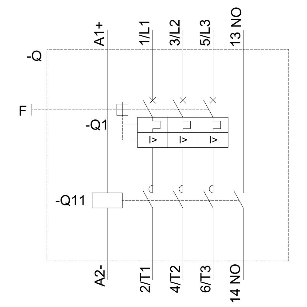 'Circuit diagram of a three-phase power switch with symbols for fuses and contactors, connections and terminal markings.'