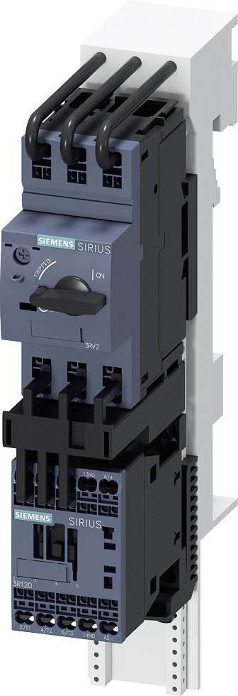 A black Siemens SIRIUS switch and relay are vertically mounted on a white mechanical structure, with cables connected at the top.