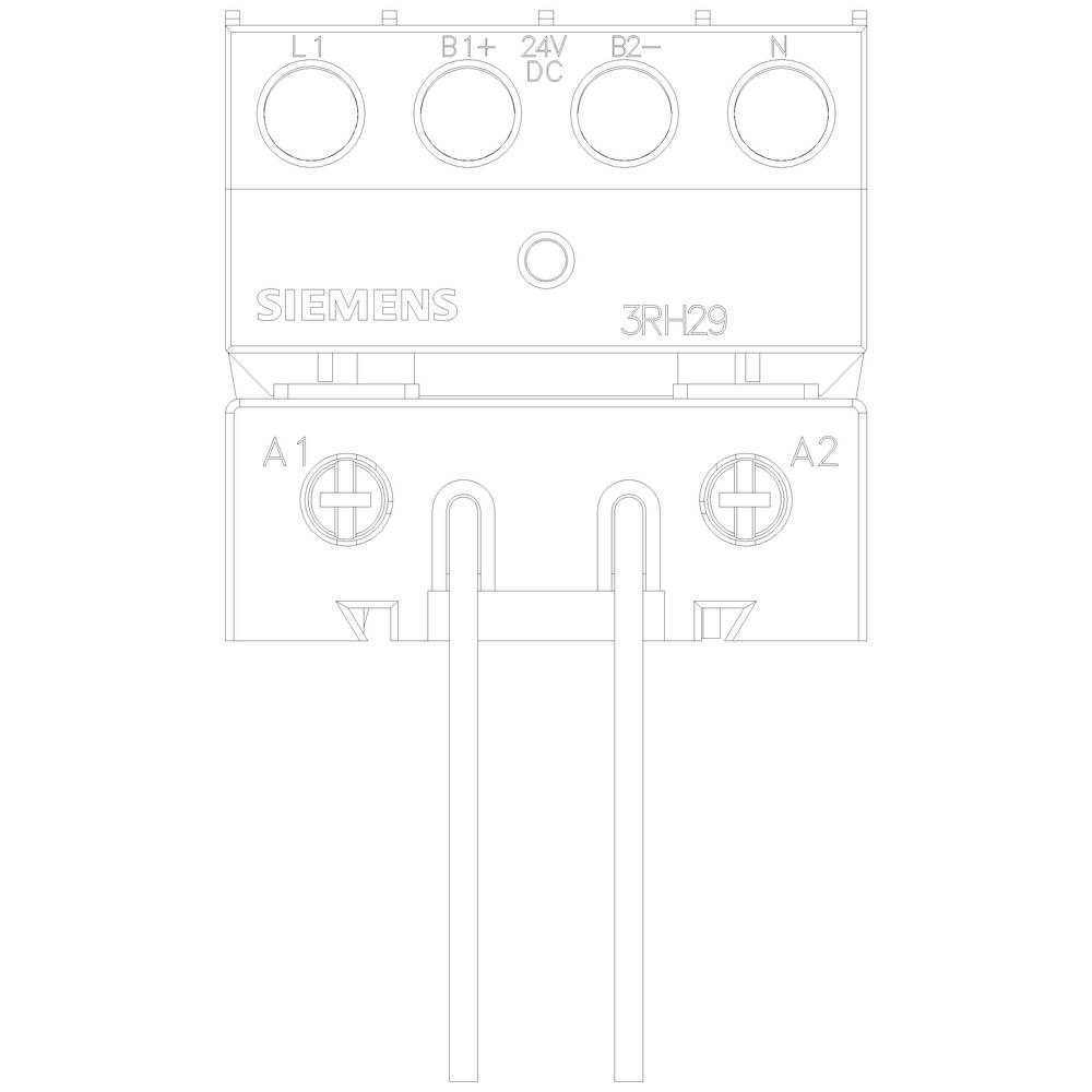 An electrical component with the marking 'Siemens' and '3RH29'. Top connections for L1, L2, B1+, 24V DC, B2-, N, bottom A1 and A2.