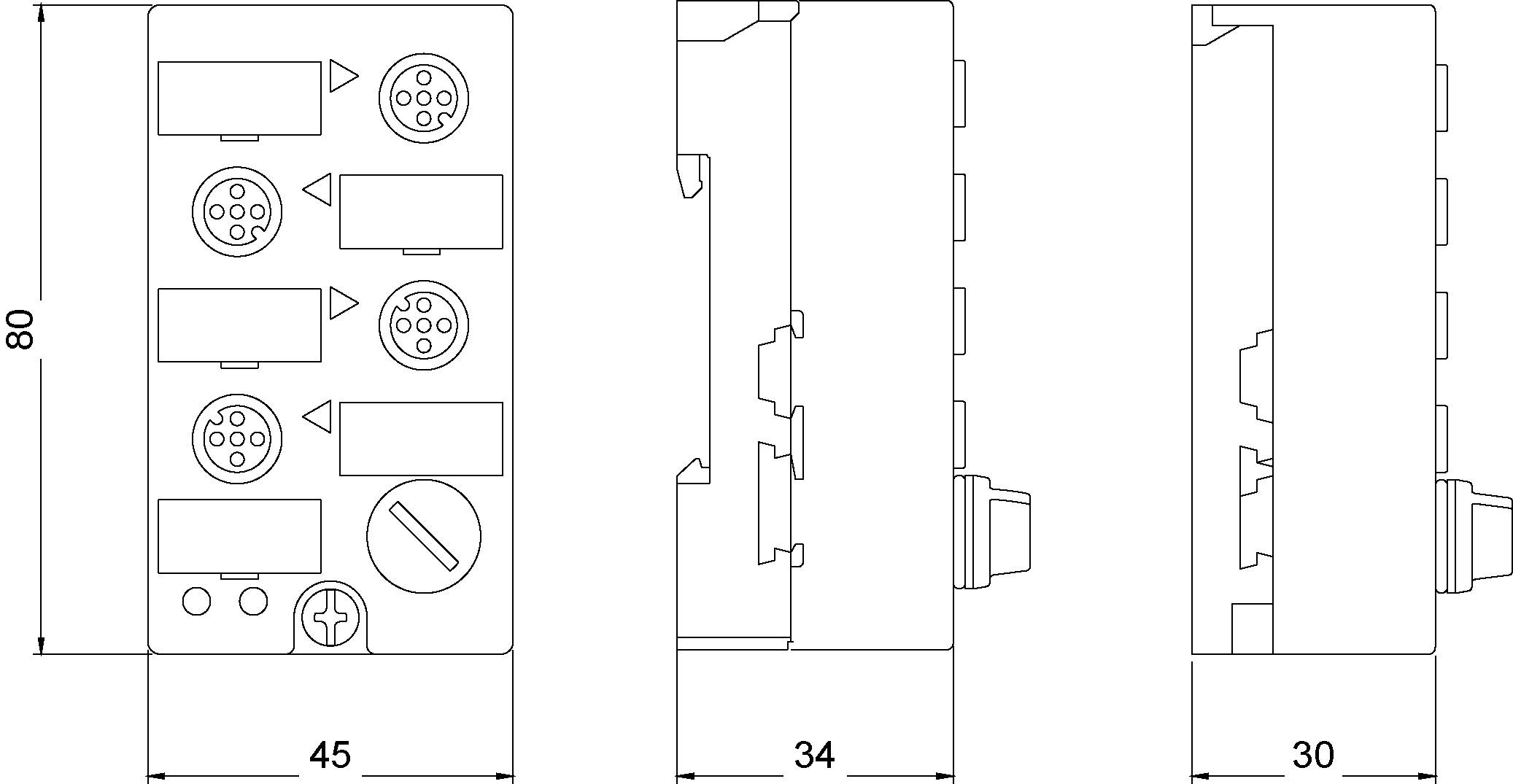 Technical drawing of an electronic device. Left: Front view with connections and controls. Centre and right: Side views with dimensions 34 and 30 mm.
