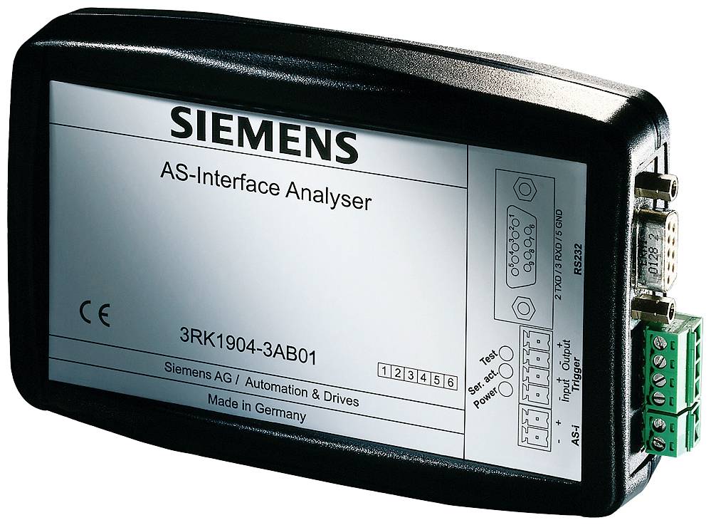 'SIMATIC AS-Interface Analyser' by Siemens, Model Number 3RK1904-3AB01, with connection ports on the right side, 'Made in Germany'.