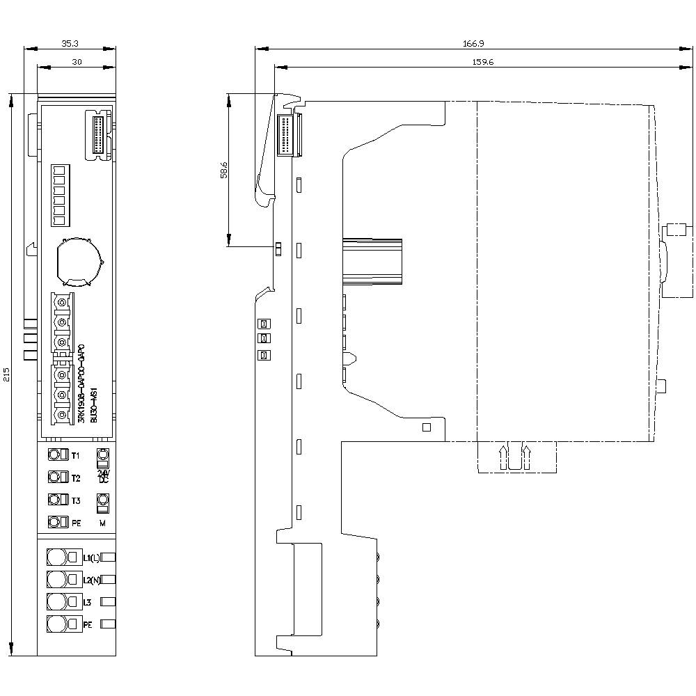 Technical drawing of an electronic component with dimensions. Shows front and side views, along with connections and key measurements.