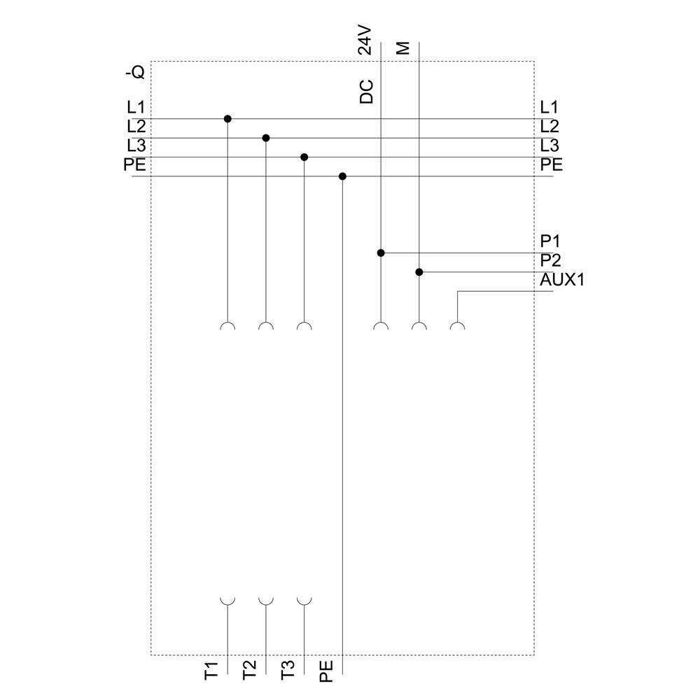 'Circuit diagram of a control cabinet: 3-phase connection L1, L2, L3 with earthing (PE), DC line to M, control line AUX1 to P1, P2.'