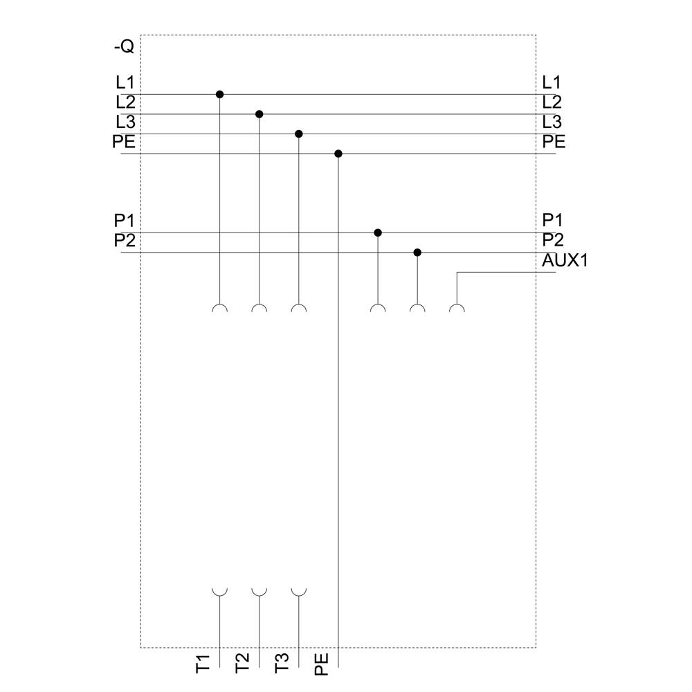 'Single-phase circuit diagram with three horizontal conductors (L1, L2, L3) and earth (PE). Connections to P1, P2 and AUX1. T1, T2, T3 below.'