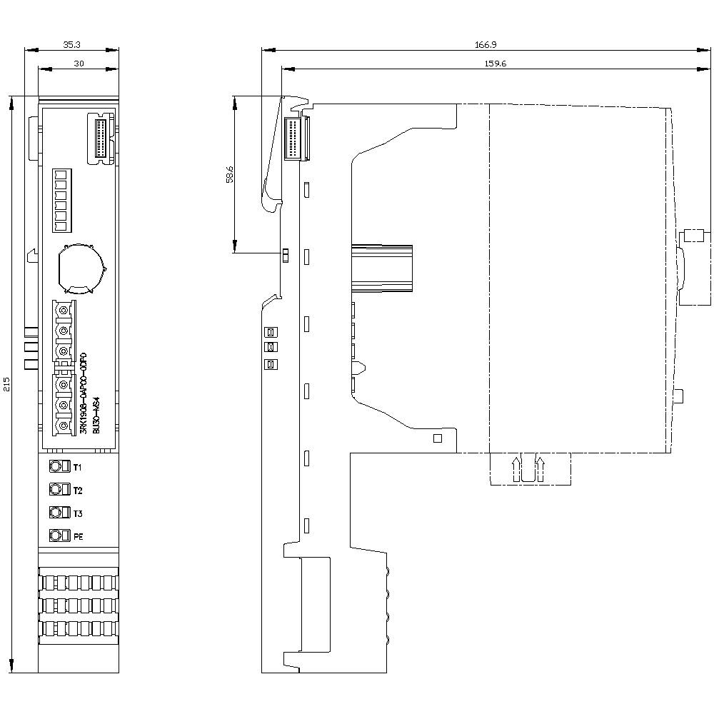 Technical drawing of an electrical switchgear with front and side view. Dimensions specified in millimetres.