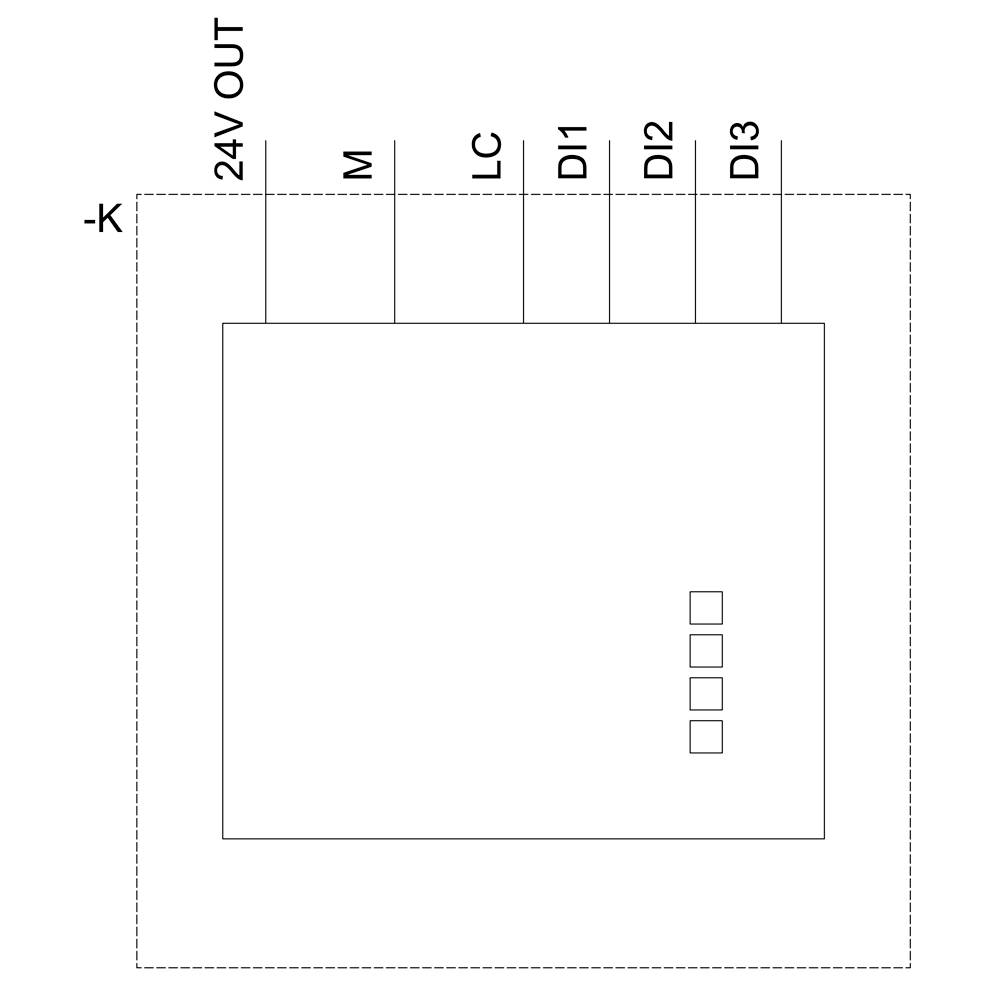 Diagram shows an electronic component with connections: -K, 24V OUT, M, LC, DI1, DI2, DI3. Square outline.
