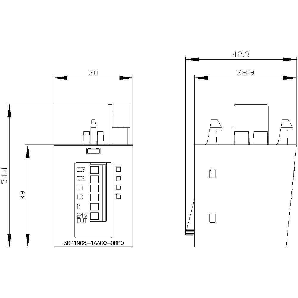 Technical drawing of an electronic device with connection and dimension details, front and side view, model number 3RK1908-1AA00-0BP0.