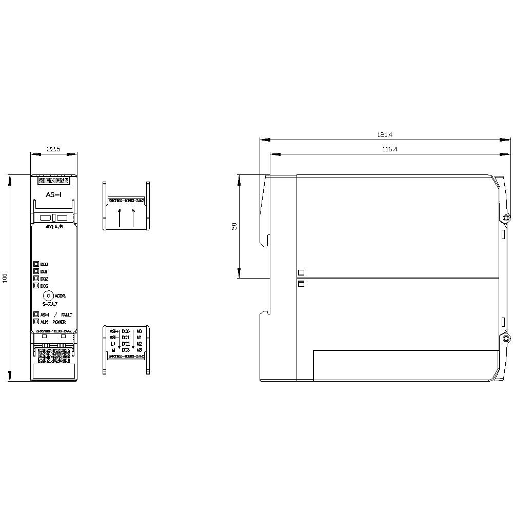 Technical drawing of an electronic device with front and side views. Dimensions given in millimetres, including height and width.