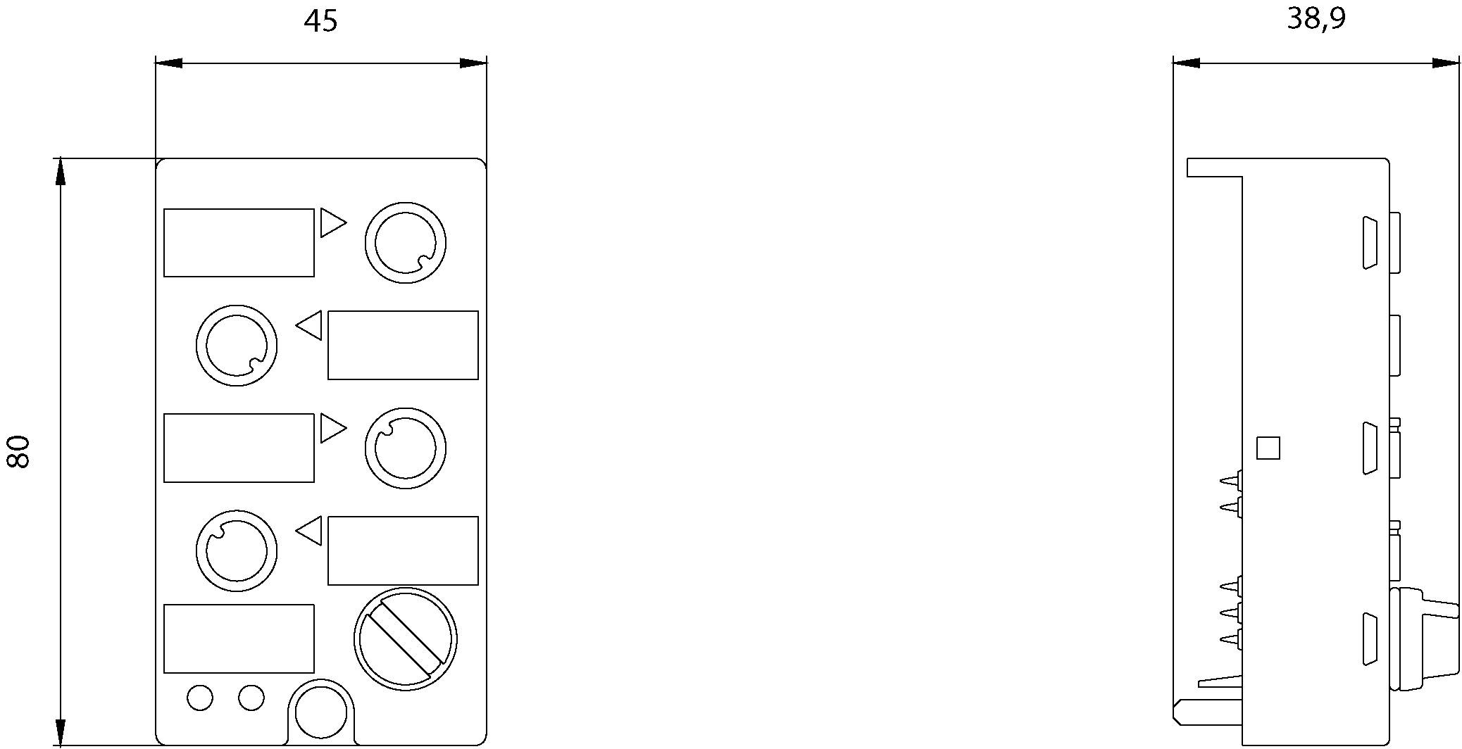 Technical drawing of a rectangular device with dimensions 80x45 mm and a depth of 38.9 mm, showing buttons and connections.