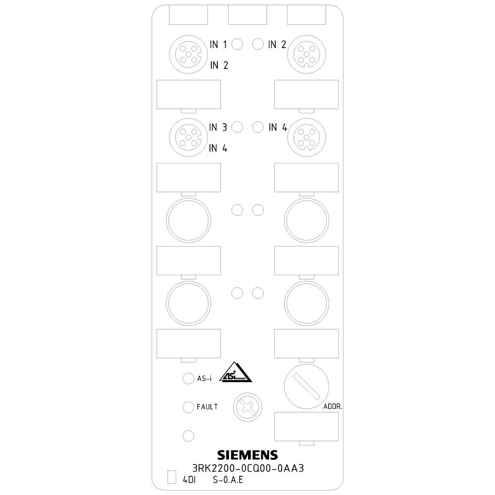 'Front panel of a control unit with four connectors at the top and bottom. Markings for inputs IN1 to IN4. Siemens logo at the bottom.'