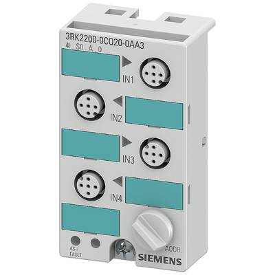 Siemens AS-Interface module with four connections (IN1 to IN4) and a rotary switch for addressing, grey housing.