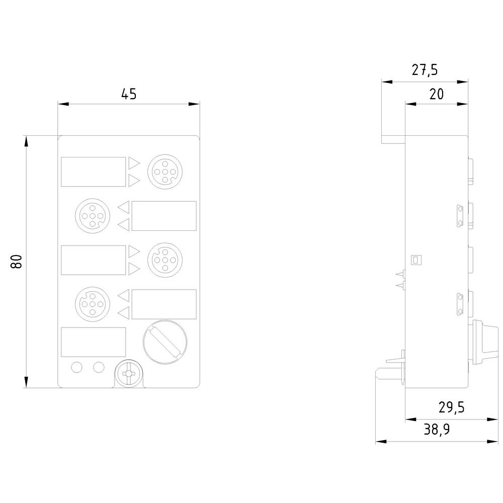 Technical drawing of a device with dimensions: Width 45 mm, Height 80 mm on the front side. Side view shows depth from 27.5 mm to 38.9 mm.