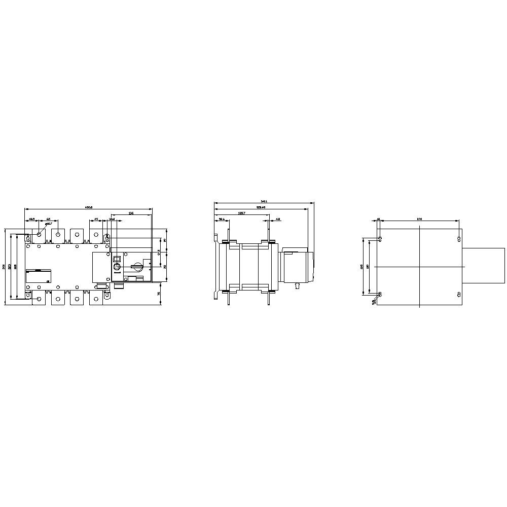 Technical drawing of a mechanical component with detailed dimensions in three views: top, side, and front.