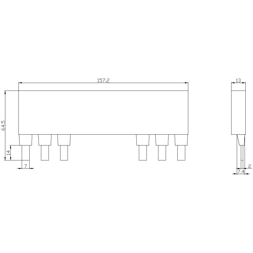 Technical drawing of an electronic component with dimensions: Width 157.2 mm, Height 14.5 mm, Thickness 13 mm. Side and front view.