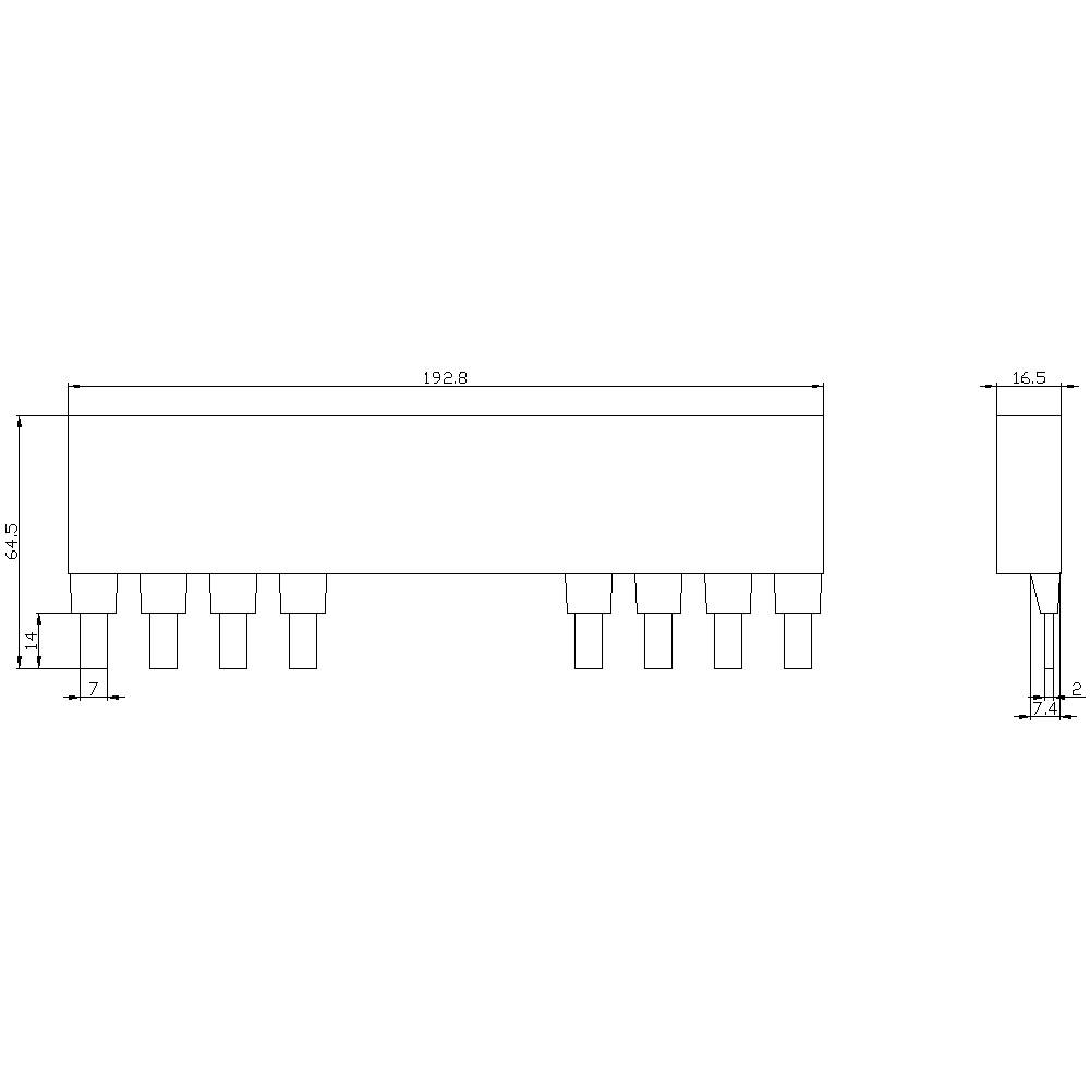 Technical drawing of an electronic component with dimensions: 192.8 mm length, 54.5 mm height, 16.5 mm depth. Shows pins and side view.