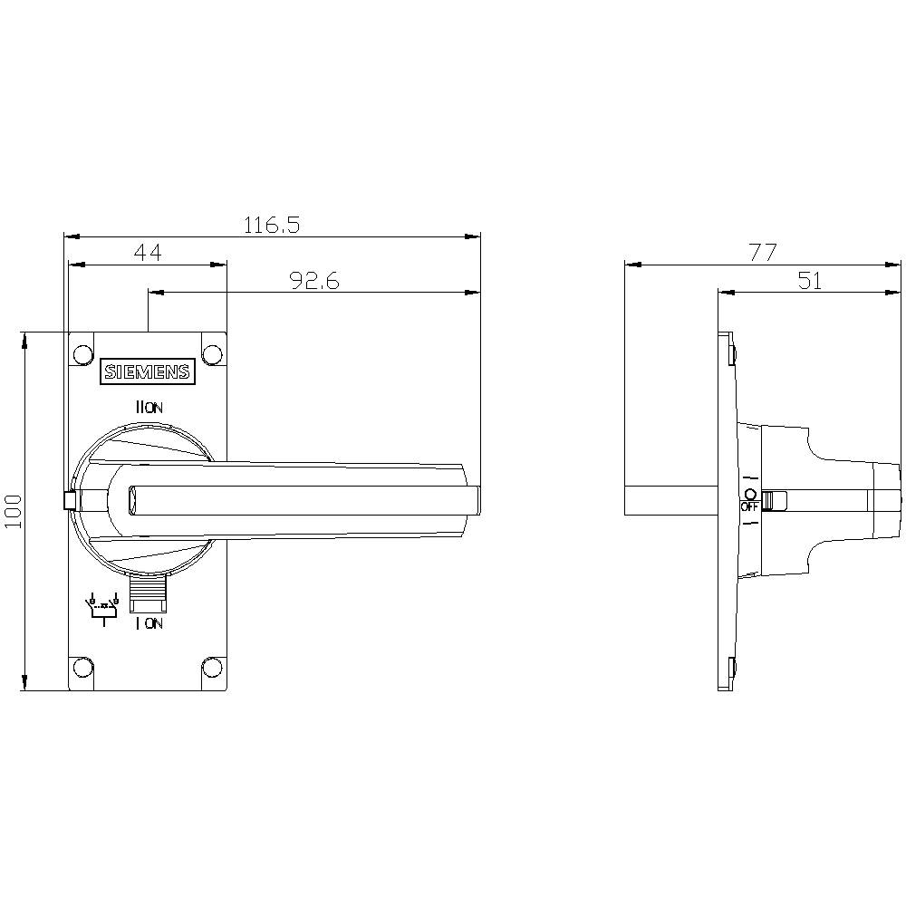 Technical drawing of a switch handle by Siemens. Dimensions stated: 116.5 mm width, 100 mm height, 92.6 mm handle width, side view.