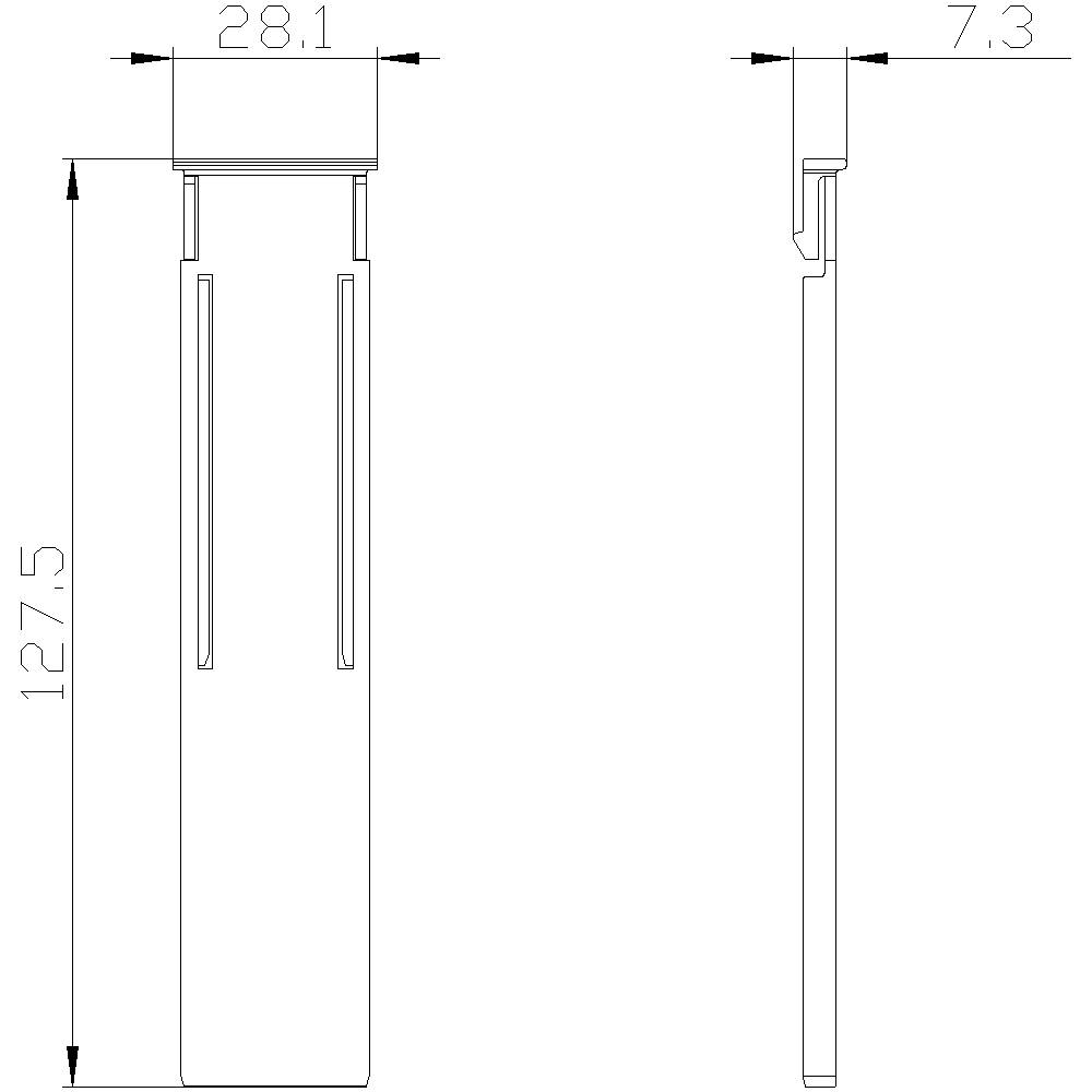 Technical drawing of a cylindrical object with dimensions: height 127.5 mm, width 28.1 mm, depth 7.3 mm. Side and front view.