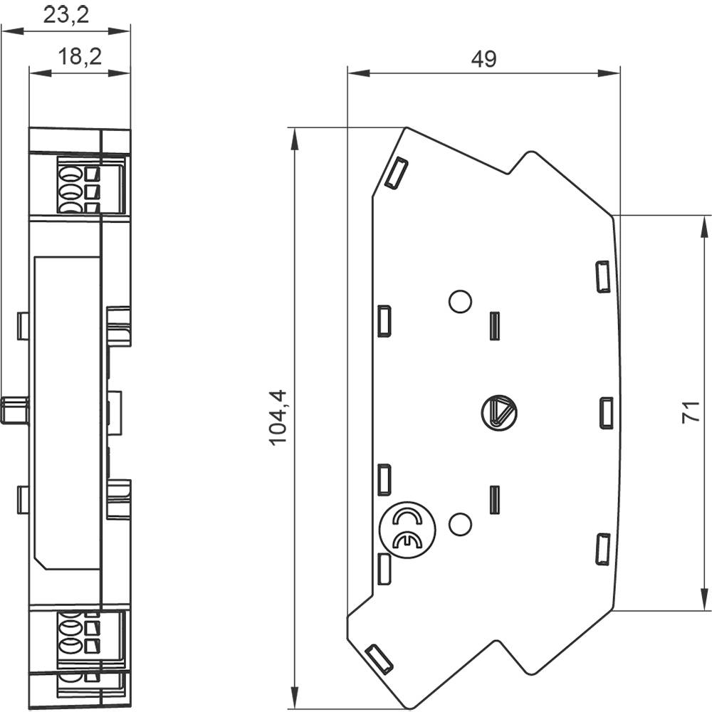 Technical drawing of an electrical device, details include dimensions: 104.4 mm x 49 mm x 71 mm. Housing shape and connection points visible.