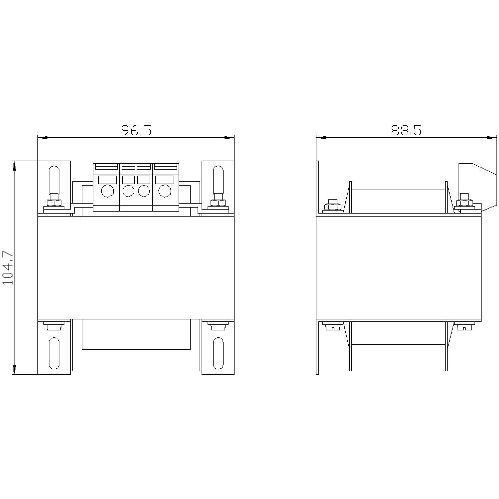 Technical drawing of an electrical component with the dimensions: width 96.5 mm, height 104.7 mm, depth 88.5 mm.