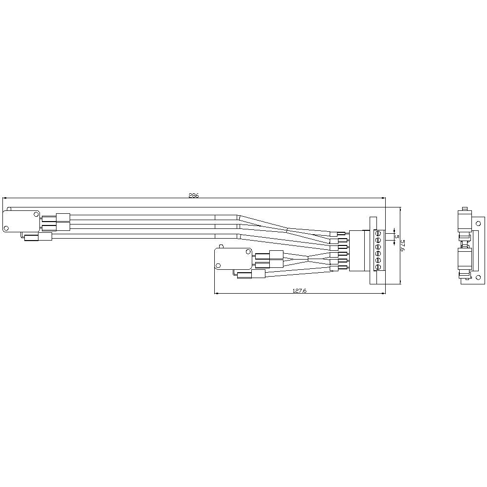 Technical drawing shows a detailed side view of a distribution system with six connections, including dimensional specifications in millimetres.