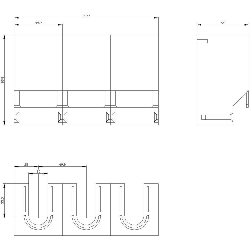 Technical drawing of a three-part mounting block with dimensions in millimetres. Views from above, front and side.