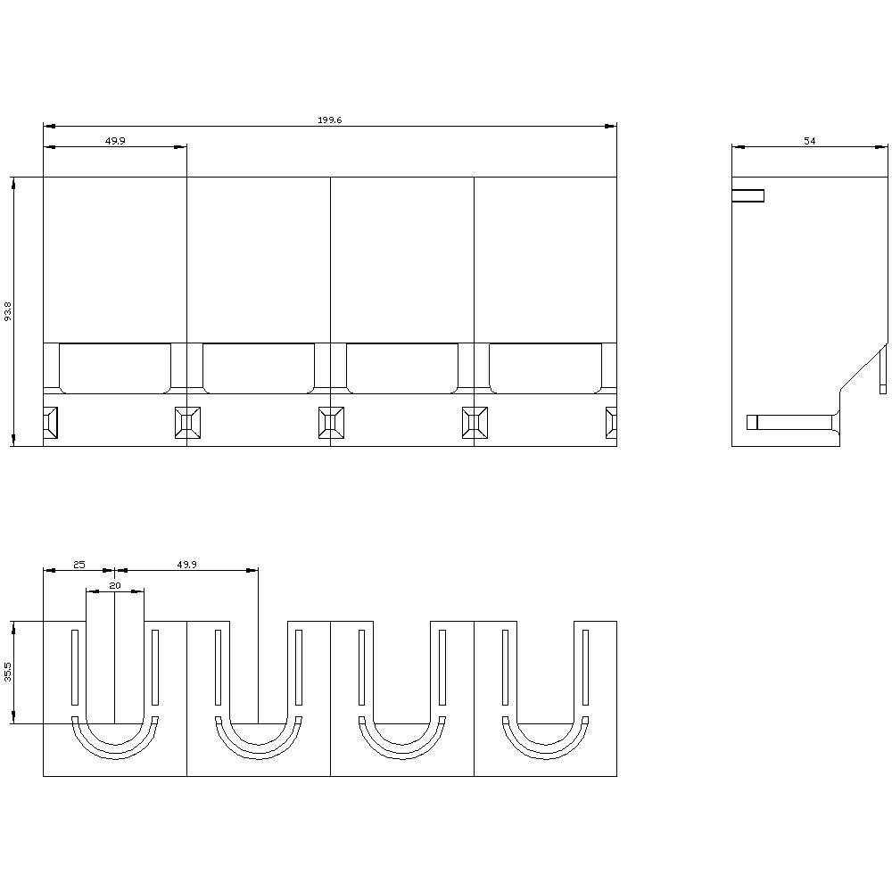 Technical drawing of a rectangular component with three U-shaped cutouts. Dimensions and labels are provided.