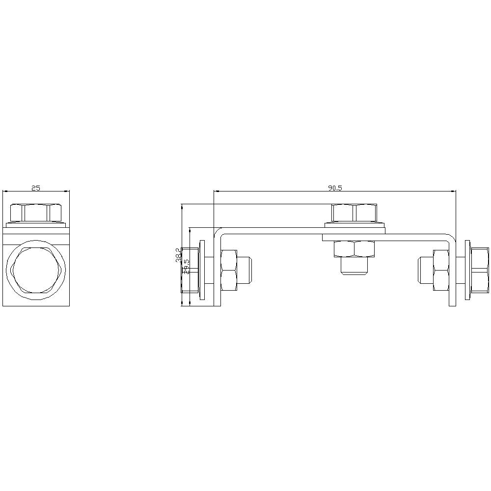 Technical drawing of a right-angled metal bracket with dimensions: width 90.5 mm, height 32.5 mm, depth 25 mm, with screw holes.