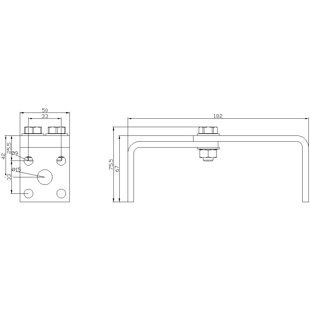 'Technical Drawing of a U-Shaped Bracket'. Left: Top View with Dimensions. Right: Side View with Dimensions, Including Mounting Elements on Top.