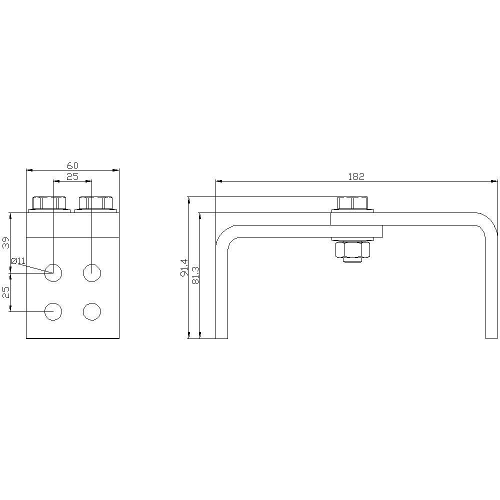 Technical drawing of a metal angle with dimensions: width 182 mm, height 91.4 mm, plate thickness 25 mm and hole spacing 60 mm.