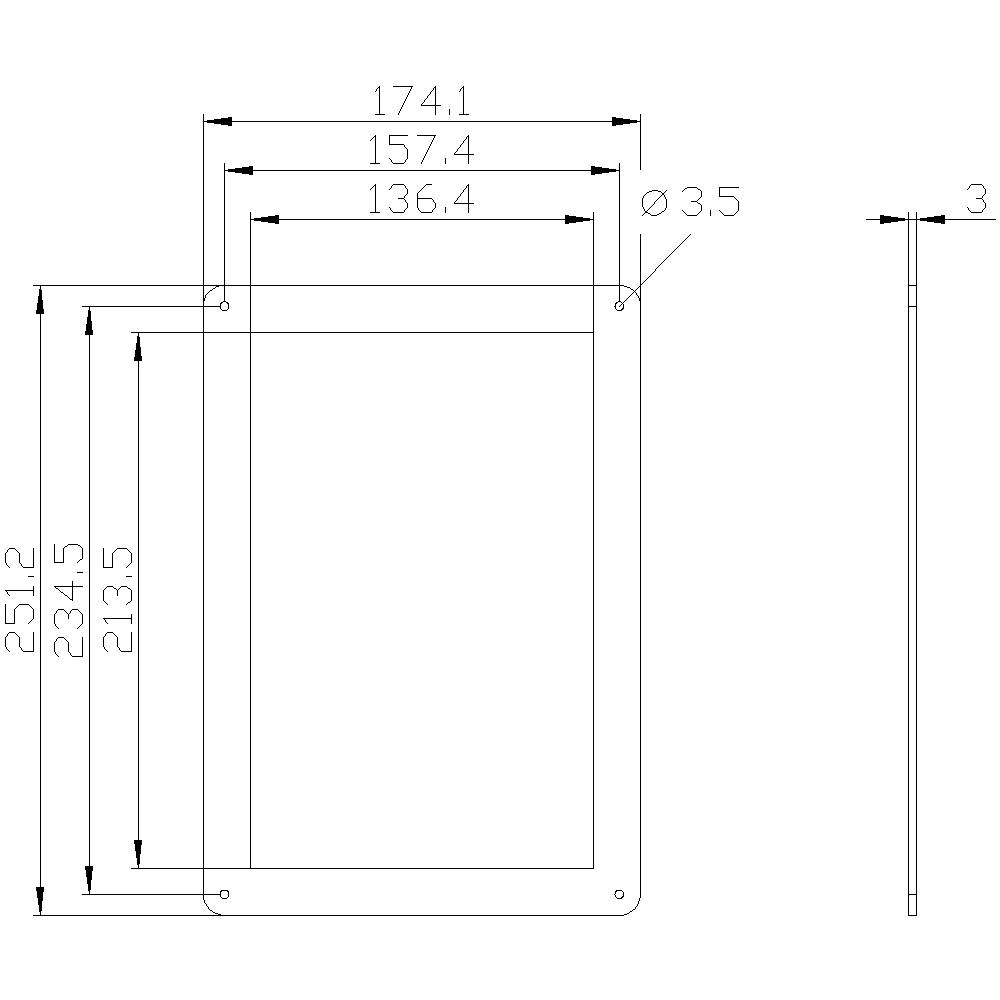 'Technical drawing of a rectangular object with dimensions: Width 174.1 mm, Height 251.2 mm. Side bore Ø 3.5 mm.'