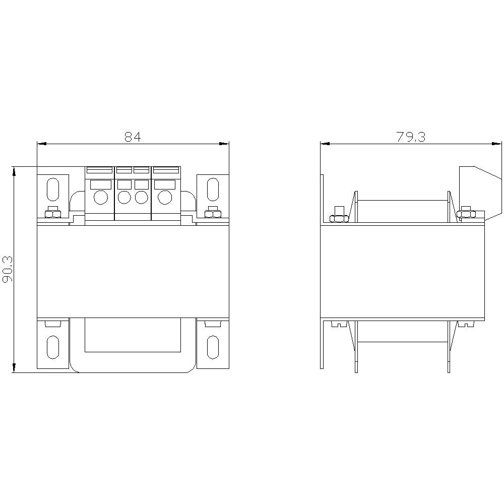 Technical drawing of a transformer with dimensions: width 84 mm, height 90.3 mm, depth 79.3 mm. Front and side views shown.