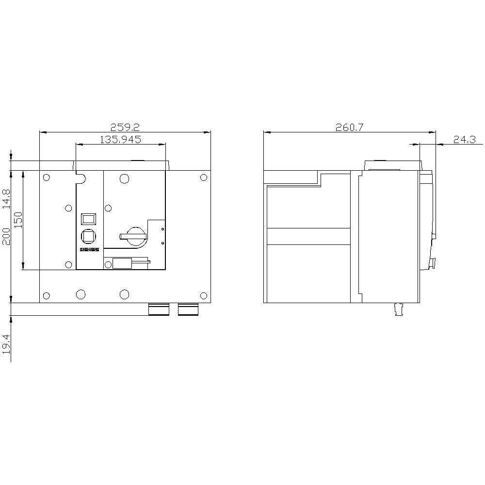 Technical drawing of an electrical device with dimensions in millimetres. Shows front and side view with detailed measurements.