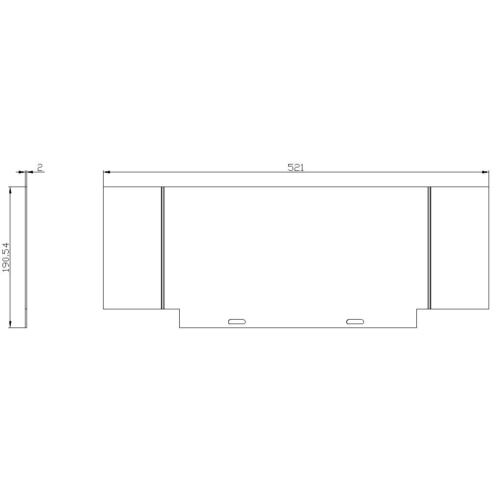 Blueprint of a rectangular structure with dimensions: width 521 mm, height 195.54 mm, details on the sides and in the centre.