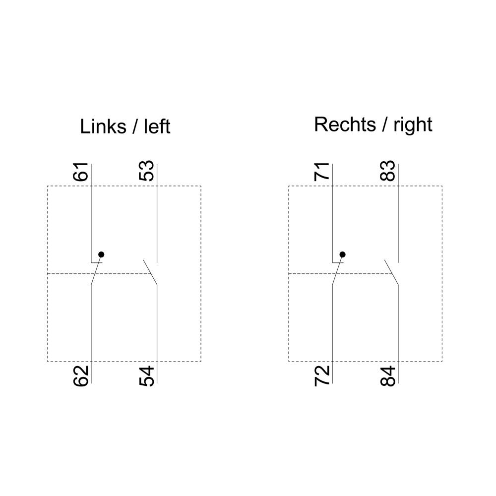 'Links/left': Two arrows with lengths 61, 53, 62, 54. 'Rechts/right': Two arrows with lengths 71, 83, 72, 84.