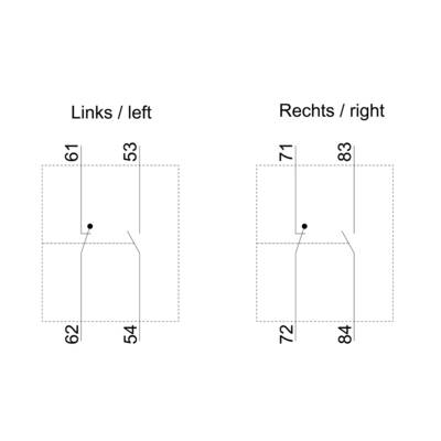 'Links/left': Two arrows with lengths 61, 53, 62, 54. 'Rechts/right': Two arrows with lengths 71, 83, 72, 84.