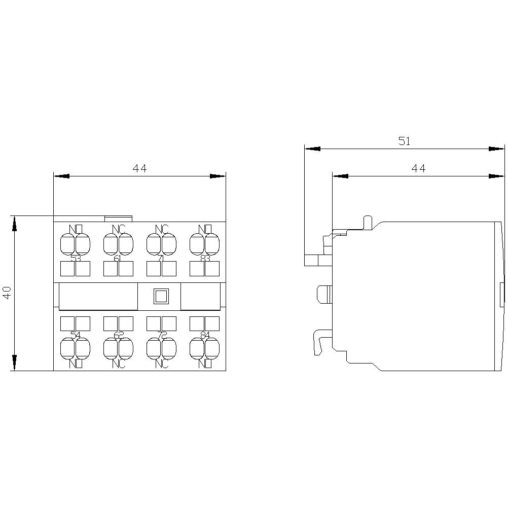 Technical drawing of an electrical component, showing two views: front view with a small box and side view with dimensions 44x40 mm and 51 mm.